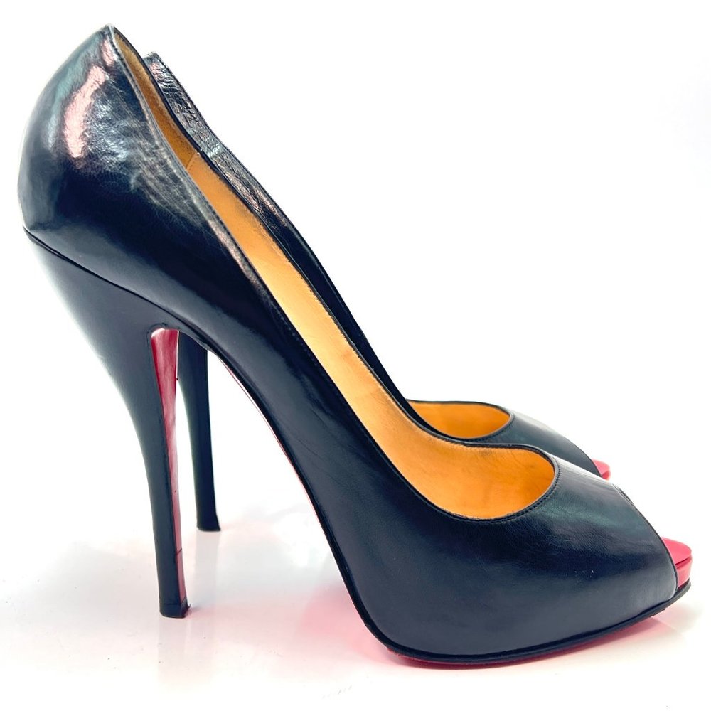 Christian Louboutin Titi 120 Open Toe Black Leather Heels Euro 39.5